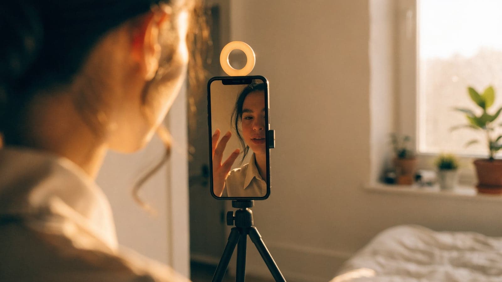 A content creator films a vertical video of herself on a tripod-mounted phone with a ring light in a warm, sunlit room.